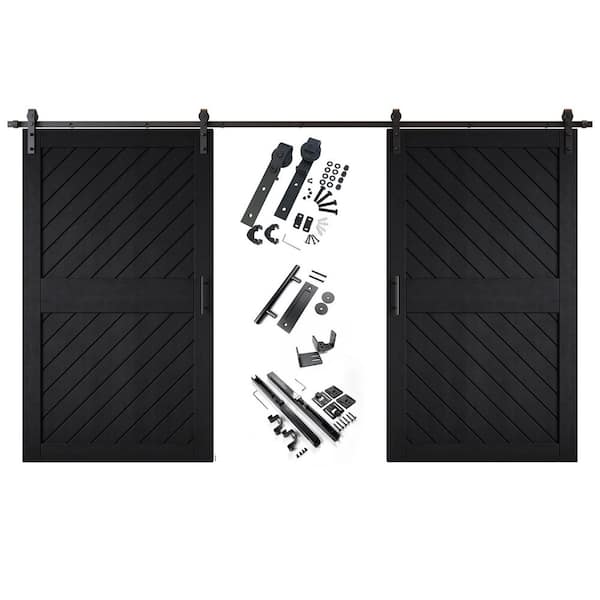 HOMACER XT1 48 in. x 84 in. C-Panel Black Slanted Stripe Design Double Pine Wood Sliding Barn Door with Hardware Kit