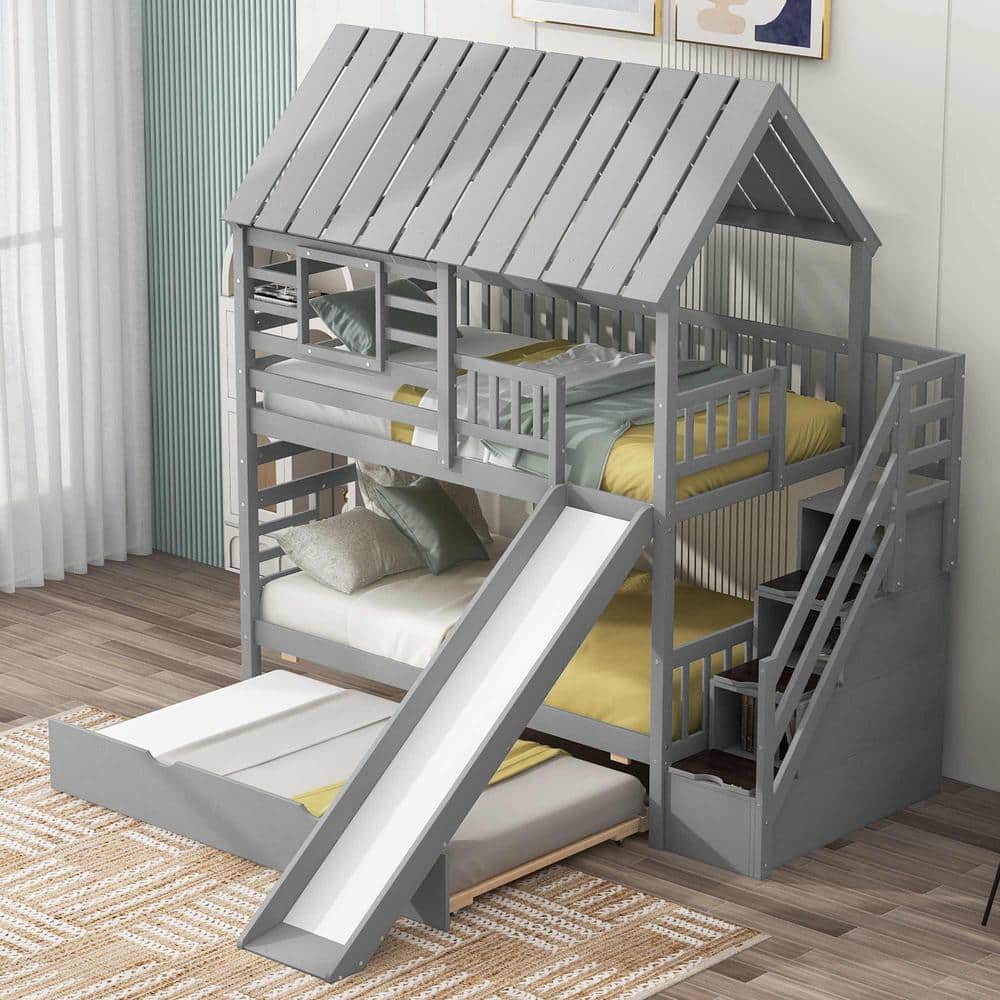 Gray Twin over Twin House Bunk Bed with Trundle and Slide, Storage Staircase, Roof and Window Design price history on PriceWatchPro