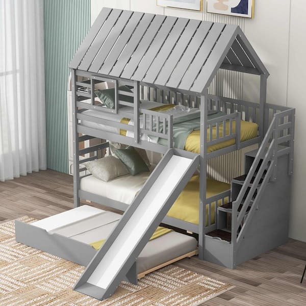 Gray Twin over Twin House Bunk Bed with Trundle and Slide, Storage Staircase, Roof and Window Design