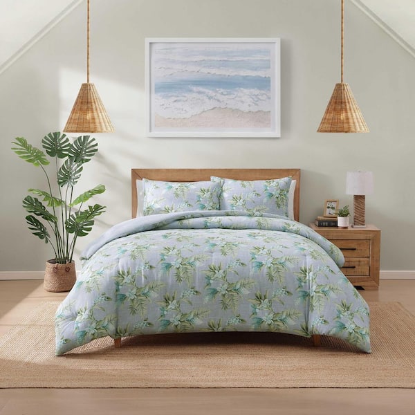 Floral Enchantment Texture 3-Piece Light Blue/Aqua Blue Cotton King Duvet Cover Set