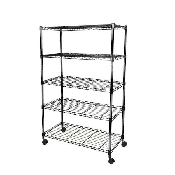 FUNKOL 36.02 in. x 13.98 in. x 62.5 in. 5-Tier Black Heavy-Duty Shelf with 4 Wheels and Adjustable Shelves