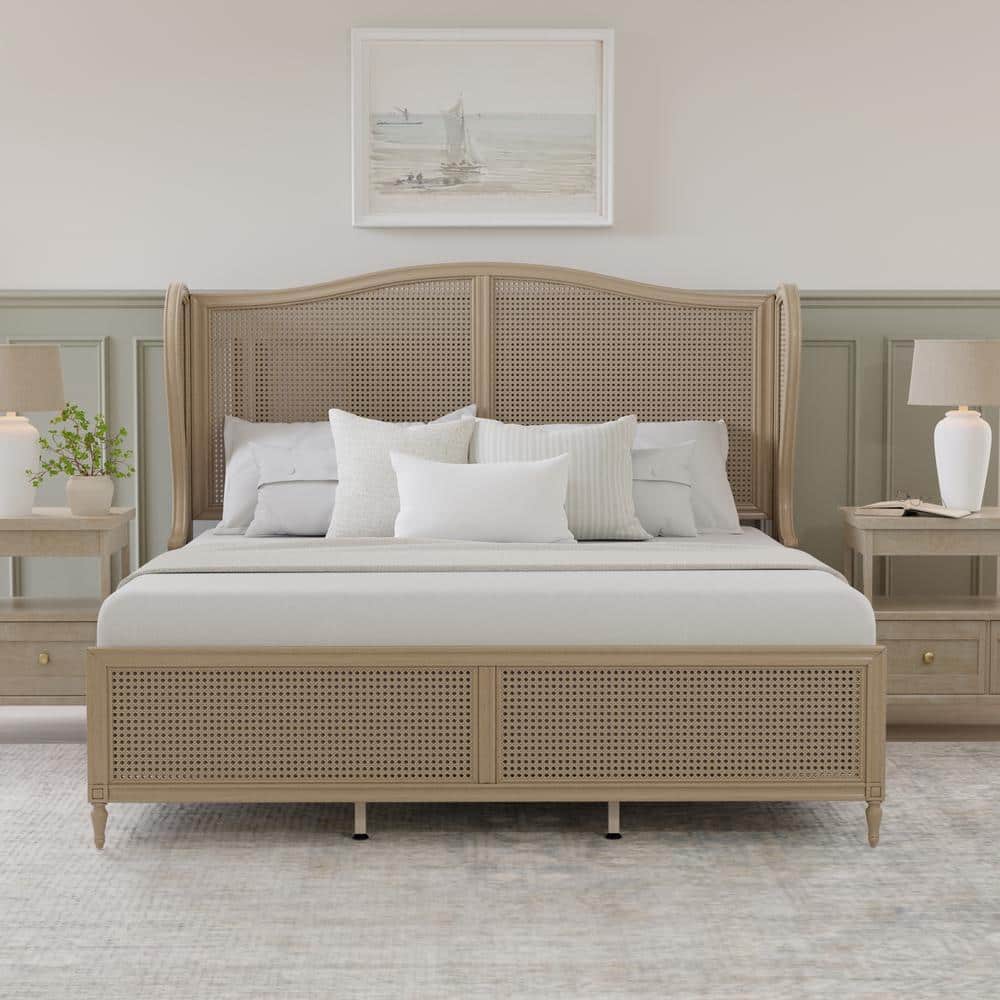 Antique White King Sausalito Bed with Cane Wingback Design