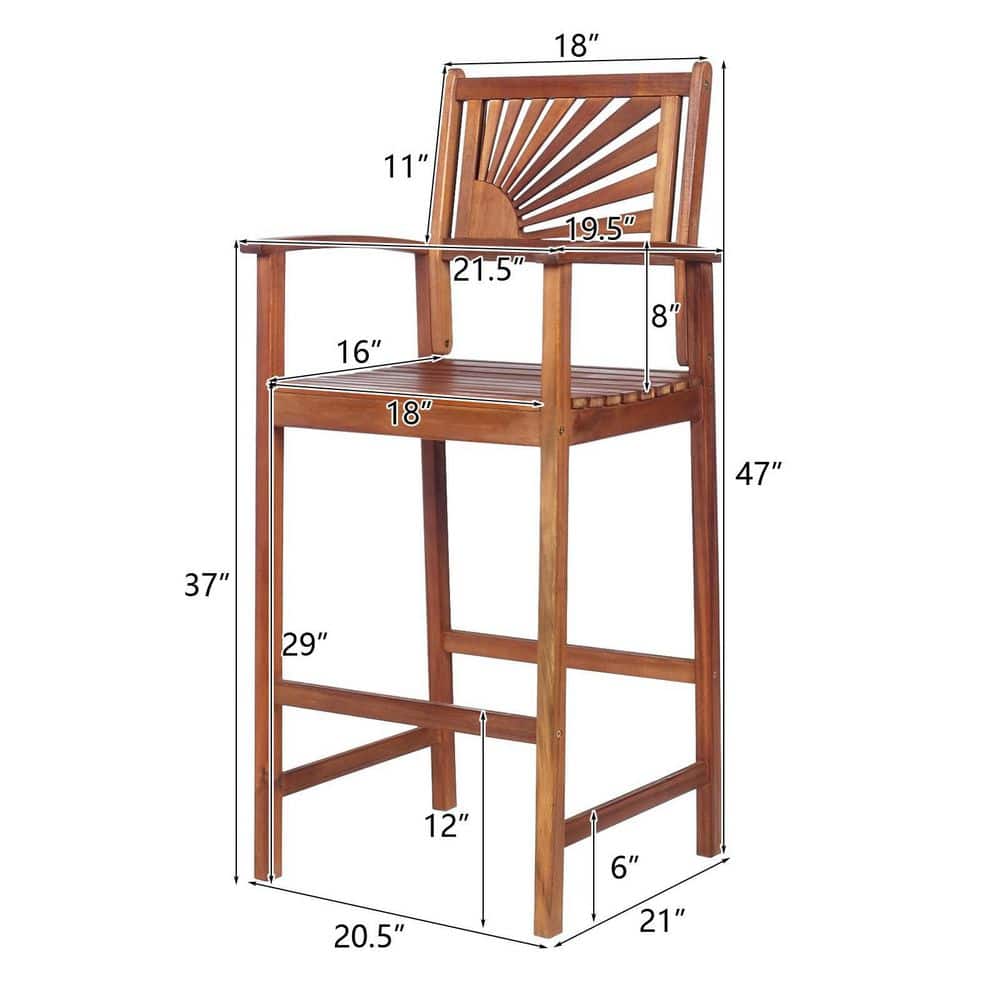 Acacia Wood High-Back Brown Outdoor Bar Stools with Armrests - Set of 2