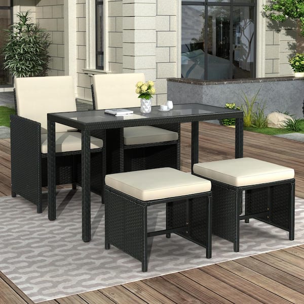 Tunearary Modern 5-Piece Wicker Patio Rectangle Outdoor Dining Set with White Cushions