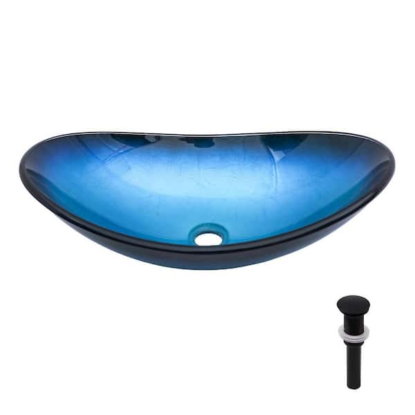 21.5 in. Vessel Bathroom Sink 13.75 in in Blue Tempered Glass with Pop-Up Drain Included Durable Construction