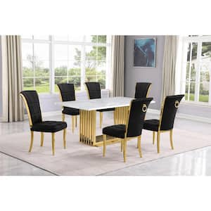 Lisa 7-Piece Rectangular White Marble Top Gold Chrome Base Dining Set with Black Velvet Chairs Seats 6.