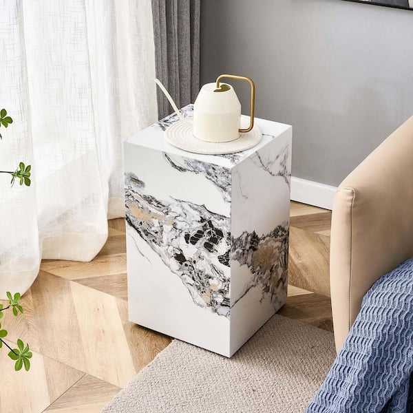 Unbranded 11.8 in. White Marble Texture Square MDF End Table Modern Accent Side Table Small Coffee Table for Living Room