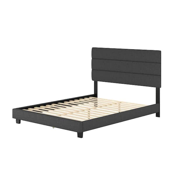 Sicily Upholstered Linen Tri Panel Platform Bed Frame with Headboard, Queen, Black