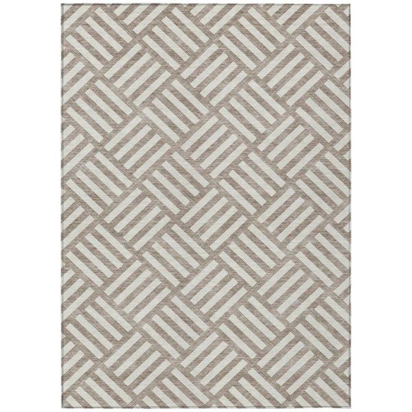 Taupe, Ivory 9 ft. x 12 ft. Woven Geometric Polyester Rectangle Indoor/Outdoor Area Rug