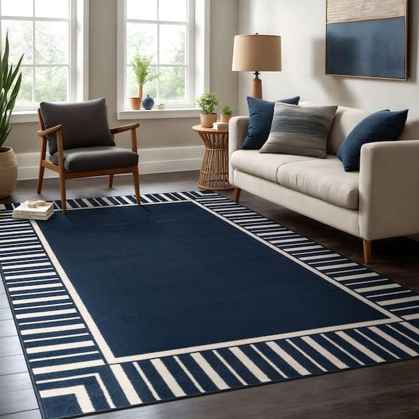 Edge Navy 6 ft. x 9 ft. Rubber Back Washable Geometric Border Indoor Outdoor Patio Area Rug