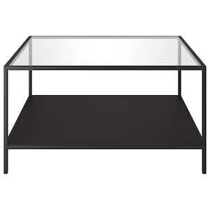 32 in. Black Square Glass Coffee Table with Shelves;Storage