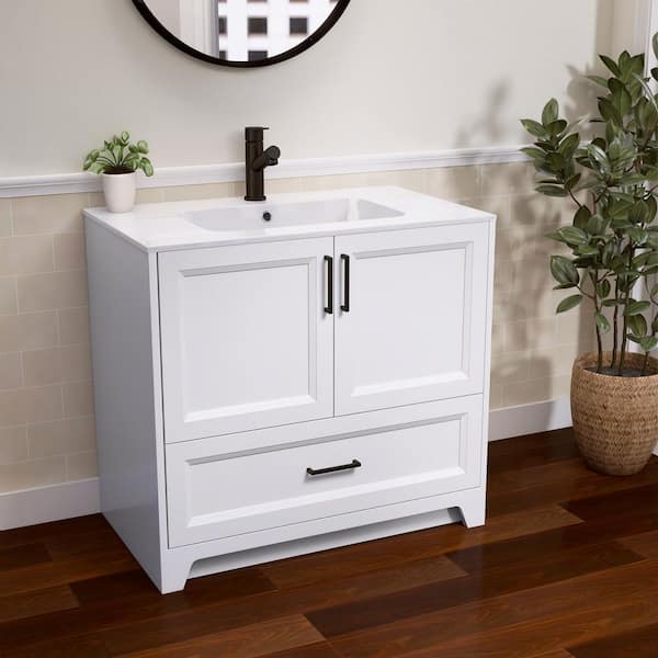 Solid Wood 36 in. Single Sink White Freestanding Bathroom Vanity Cabinet with Pure White Solid Surface Top Assembled