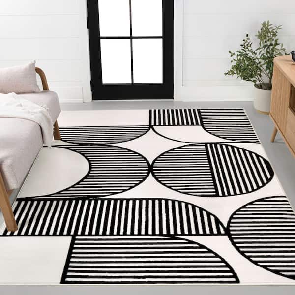 Nordby High-Low Geometric Arch Scandi Striped Black/White 5 ft. x 8 ft. Area Rug