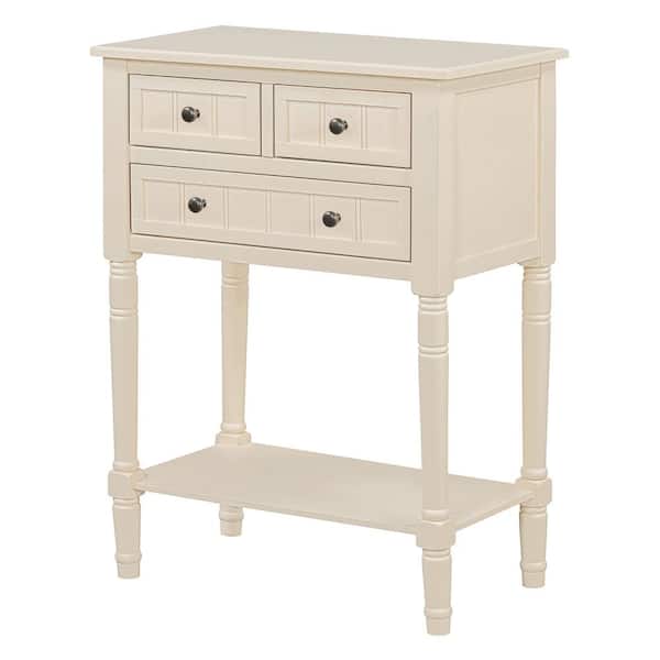 Huluwat Beige 23.7 in. Solid Wood Console Table with 3 Storage Drawers and Bottom Shelf