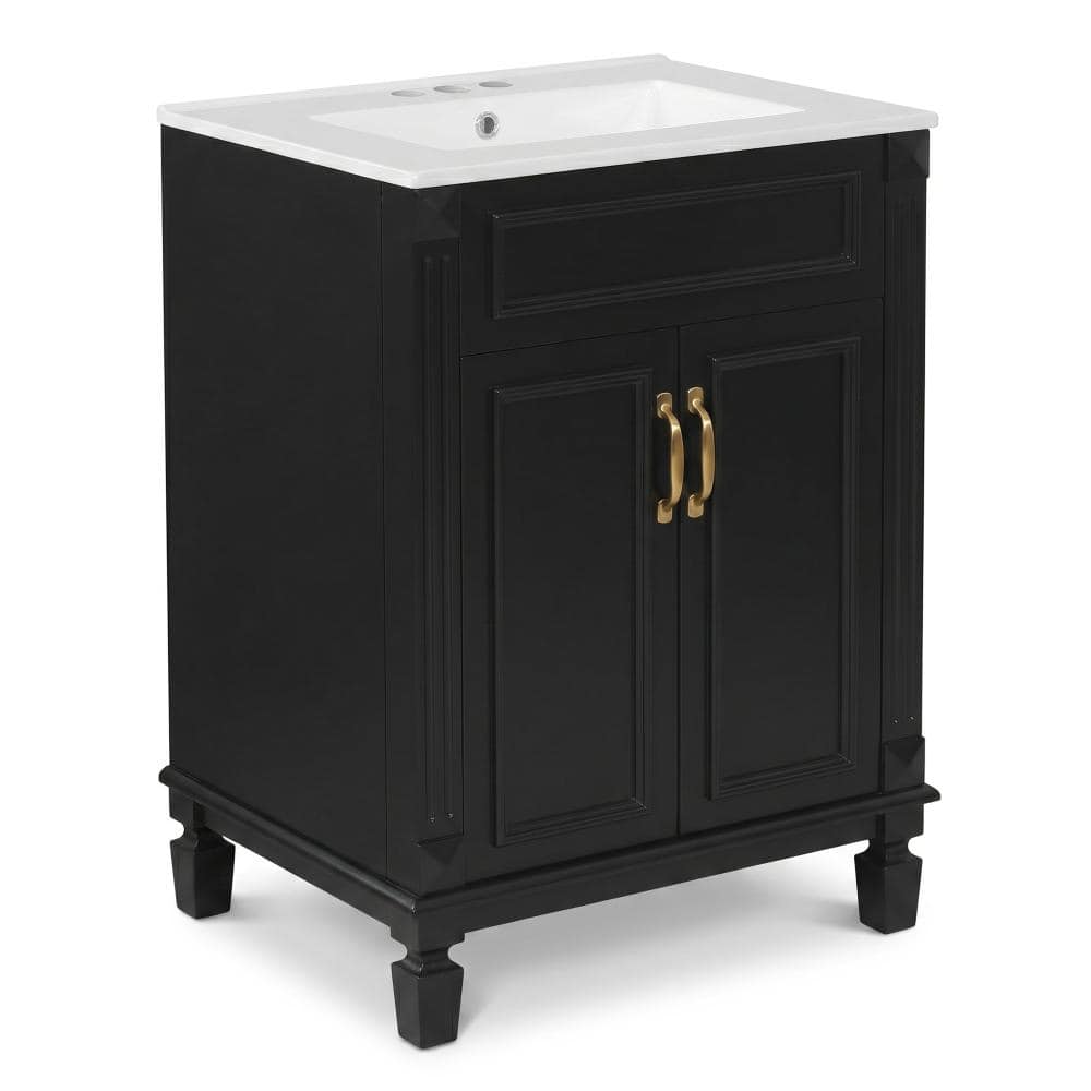 24 in. Freestanding Solid Wood Bathroom Vanity in Black with Glossy White Ceramic Top price history on PriceWatchPro