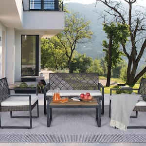 Black 4-Piece Wicker Rectangular Outdoor Dining Set with Beige Cushion