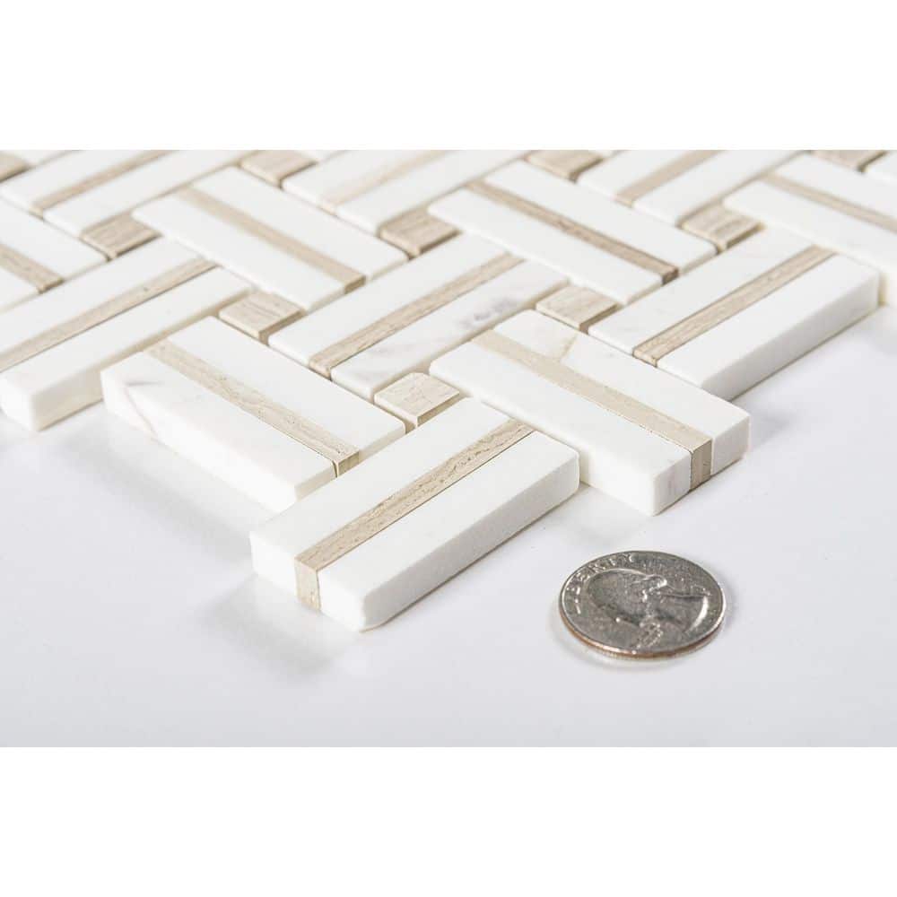 Jacard White and Tan Natural Stone Basketweave Mosaic Tile
