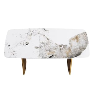 70.87 in. Pandora Rectangle Sintered Stone Tabletop Kitchen Dining Table with Bronze Double Pedestal Metal Base (Seat 6)