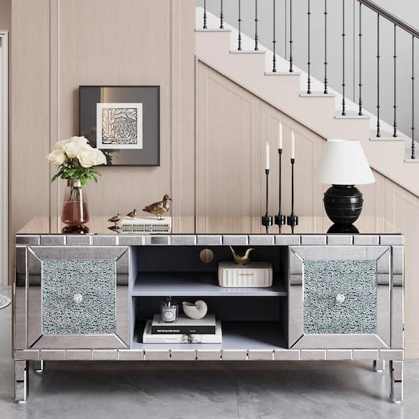 59 in. Silver Mirrored TV Stand for 65 in. TVs-Solid Wood Console w/ Crushed Diamond Glass Doors and Adjustable Shelves