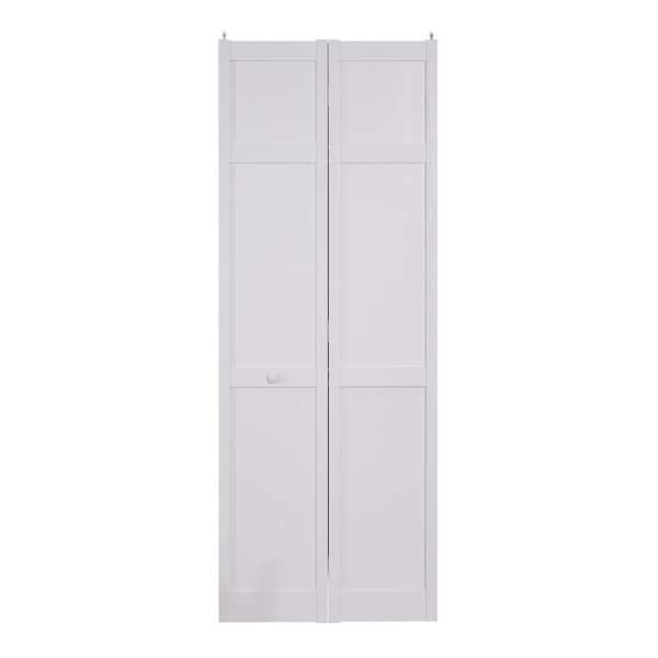 Pinecroft 30 in. x 80 in. Seabrooke Shaker Style White, Hollow Core PVC Vinyl Bi-fold Door With Hardware.