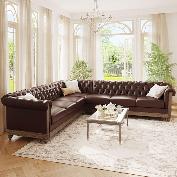 104 in. Flared Arm PU Leather Sectional Sofa with Wooden Legs in. Dark Brown