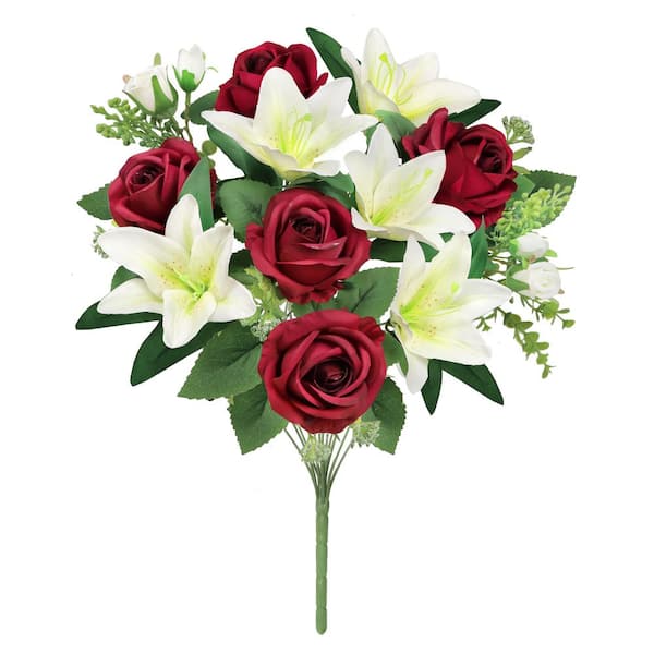 LIVING LUXURY 18 in. Red Cream Artificial Mixed Rose Stargazer Lily Flower Stem Bush Bouquet (Set of 2)