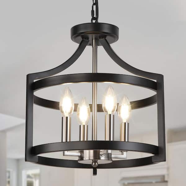 Unbranded 4-Light Black and Nickel Round Rustic Lantern Chandeliers for Living Room Entrance Foyer Hallway