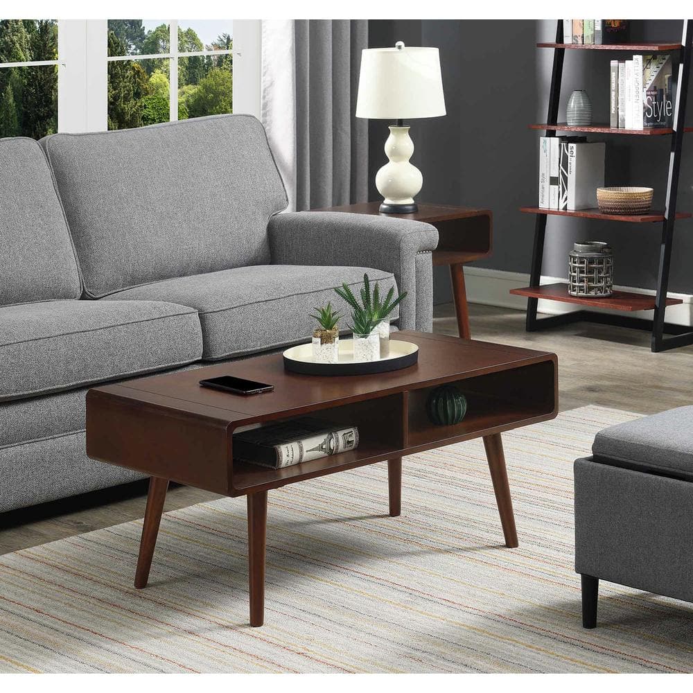 Mid-Century Modern Espresso Rectangular Coffee Table with Open Cubbies