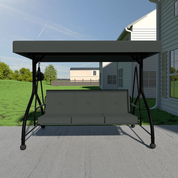 VEIKOUS 3-Seat Converting Canopy Patio Swing Steel Lounge Chair with Cushions in Dark Grey