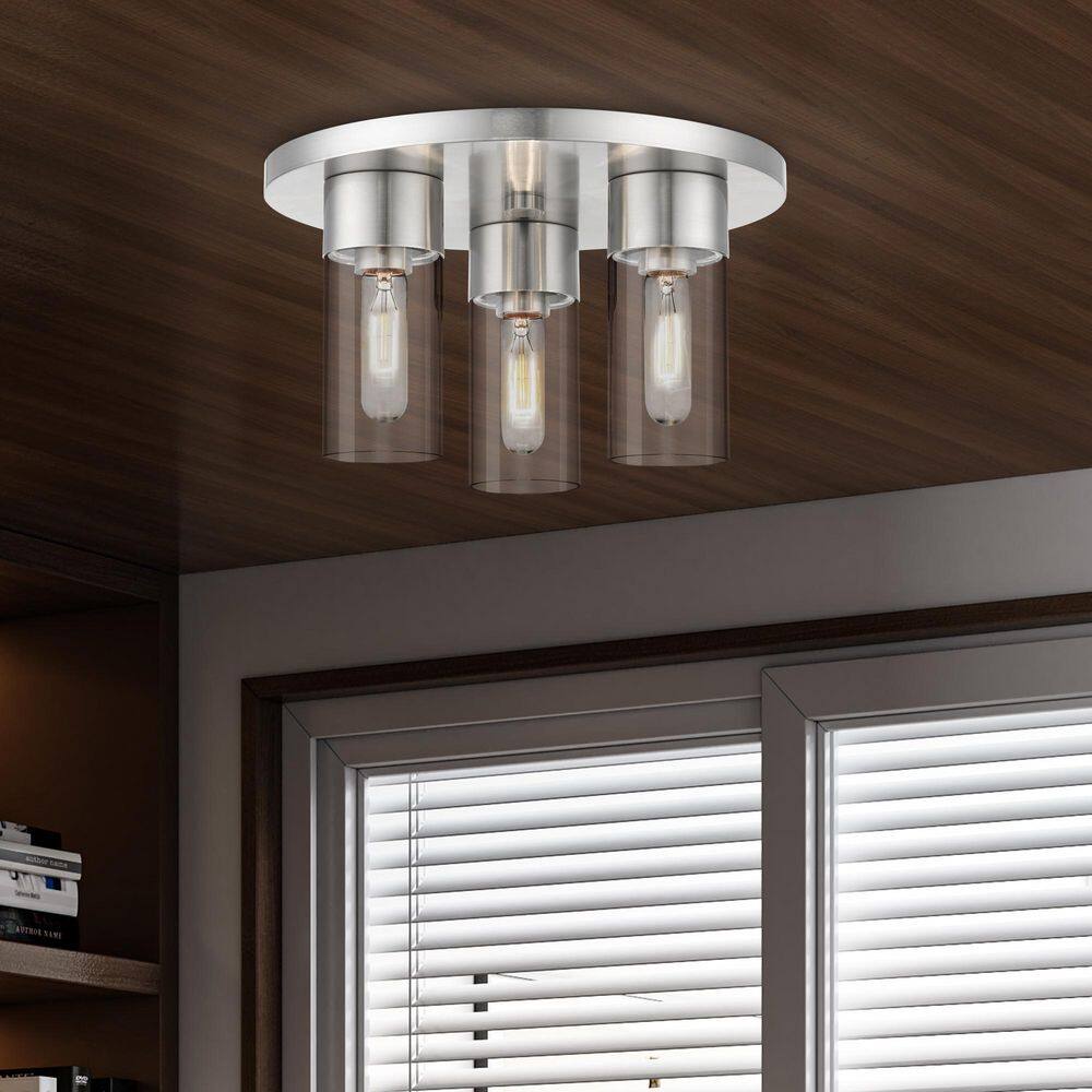 Sleek Brushed Nickel 3-Light Flush Mount with Clear Glass
