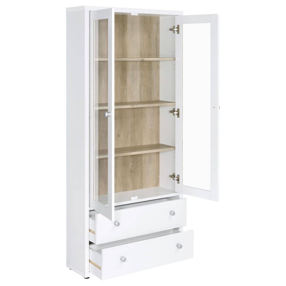White and Light Brown Glass Door Curio Cabinet with Drawers