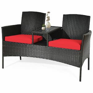 Mix Brown Wicker Outdoor Loveseat With Red Cushions and Center Tea Table