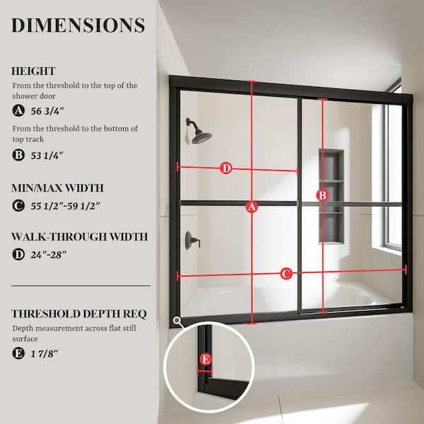 Cleo 59 in. W x 56 in. H Sliding Framed Tub Door in Matte Black Finish with Clear Tempered Glass