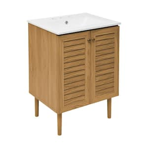 Bron 24 in. W Brown Oak Bathroom Vanity in White with 3-Hole Ceramic Sink Top