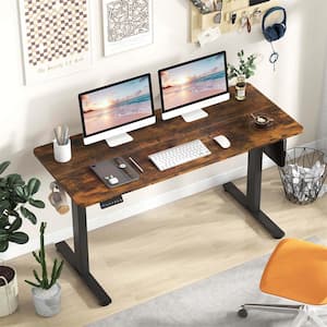 55 in. rectangular Brown Wood Electric Standing Desk with 3 Memory Height Settings 2 Hanging Hooks