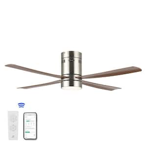 Theo 52 in. 1-Light Indoor Iron/Acrylic App/Remote 6-Speed Integrated LED Ceiling Fan, Nickel/Neutral Brown Wood Finish