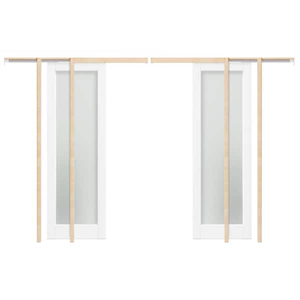 48 in. x 80 in. (Double 24 in. W Doors) Full Lite Tempered Frosted Panel MDF, White Pocket Door Frame, Hardware Included