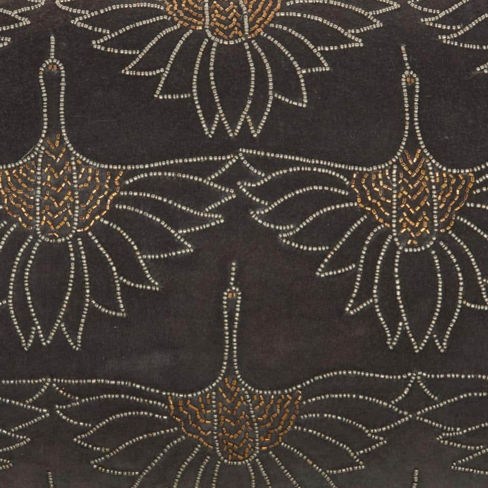 Sofia Dark Grey Beaded Floral Lumbar Throw Pillow 12" x 20"