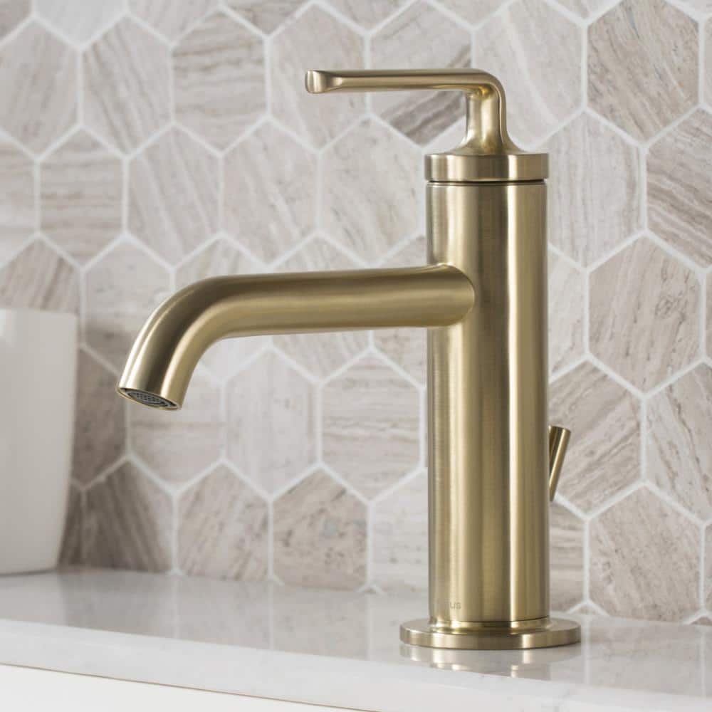 KRAUS Ramus Single Hole Single Handle Bathroom Faucet with Matching Lift  Rod Drain in Brushed Gold KBF 18BG
