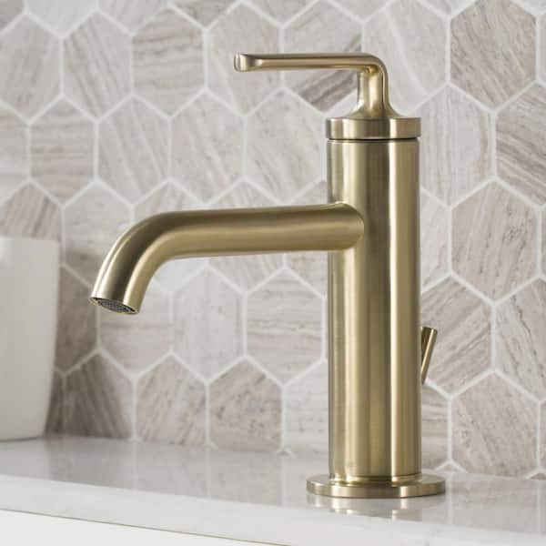 KRAUS Ramus Single Hole Single-Handle Bathroom Faucet with Matching Lift Rod Drain in Brushed Gold