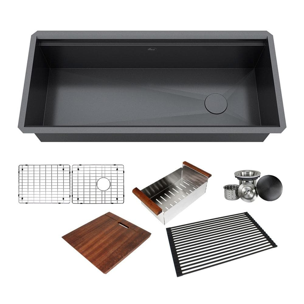 All In One Series Undermount Stainless Steel 42 In Single Bowl Kitchen Sink In Galaxy Black Finish W Accessories Wsf4219 Blk The Home Depot
