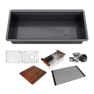 All-in-One Series Undermount Stainless Steel 42 in. Single Bowl Kitchen Sink in Galaxy Black Finish w/ Accessories