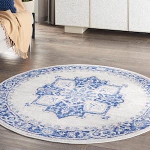 Whimsicle Ivory Blue 5 ft. Center Medallion Traditional Round Area Rug