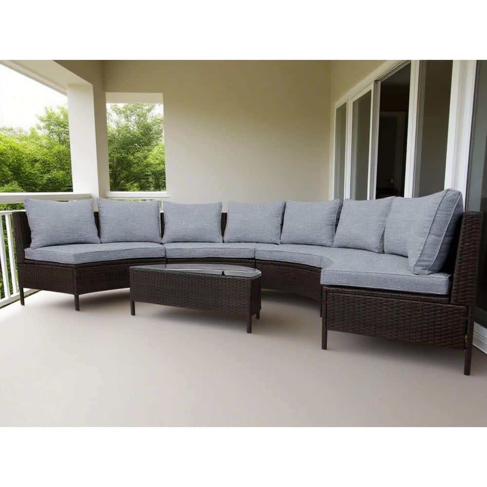 5-Piece Half-Moon Wicker Outdoor Sectional Set with Gray