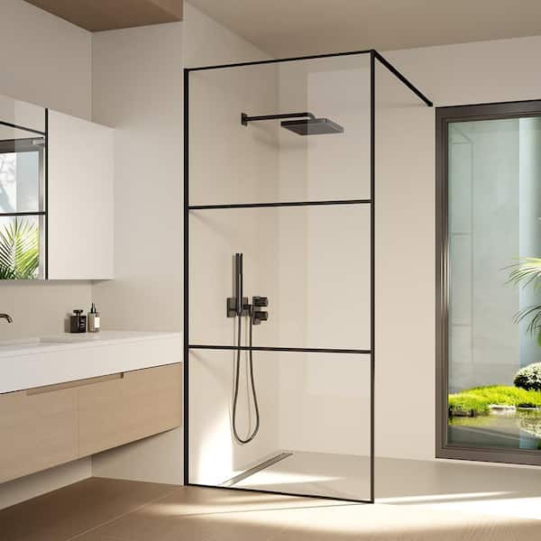 27.6-47.2 in. W x 75 in. H Framed Fixed Shower Screen Door Matte Black Adjustable Support Bar (3 Pieces) Divided Pattern