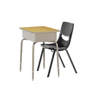 Hercules 2-Piece Rectangle Student Desk w/Open Front Laminate Top Classroom Stack Chair Maple Top/Black Chair