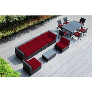 Ohana Black 14-Piece Wicker Patio Conversation Set with Stackable Dining Chairs and Supercrylic Red Cushions