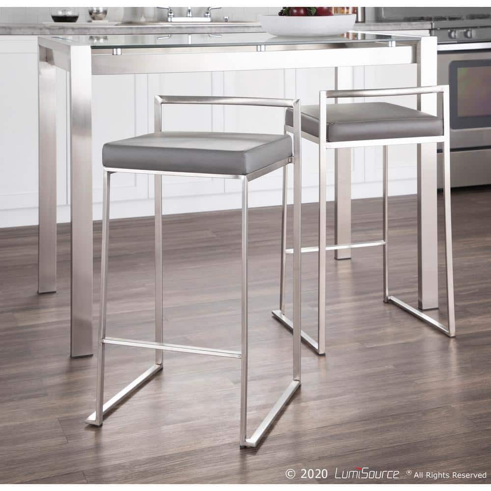 Modern Stainless Steel Counter Stools with Grey Faux Leather Cushion - Set of 2