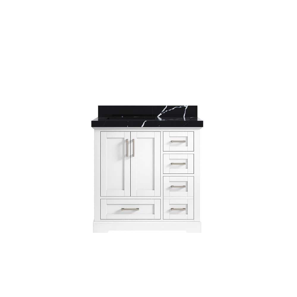 Boston 36 in. W x 22 in. D x 36 in. H Left Offset Single Sink Bath Vanity in White with 2 in. Calacatta Black qt Top price history on PriceWatchPro