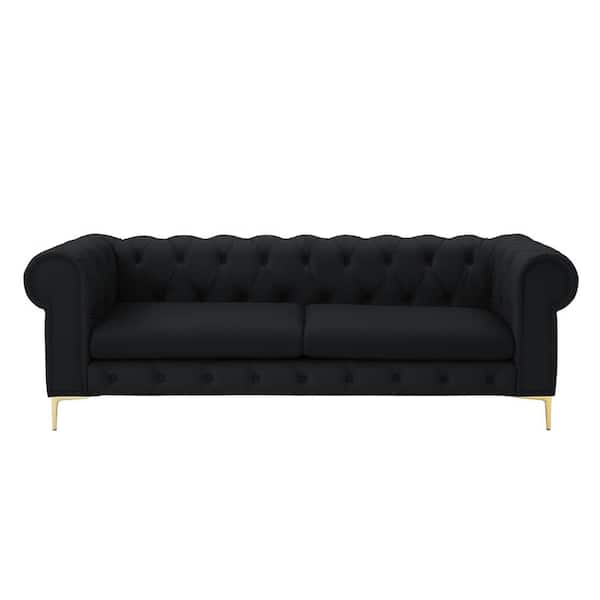 Nicole Miller Raeleigh Collection 33.5 in. Wide Flared Arms Faux Leather Upholstery Traditional Straight 3-Seat Tufted Sofa in Black